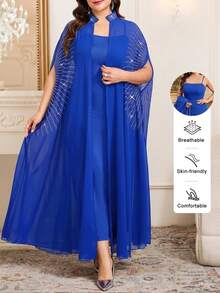 SHEIN Clasi Plus Size Rhinestone Embellished Robe & Dress 2 Pieces Set - Royal Blue - View 12