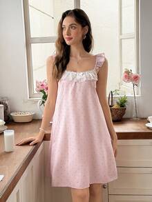 Snug Reverie Fashionable Women's Polka Dot Flutter Sleeve Ruffle Nightgown - Pink - View 6