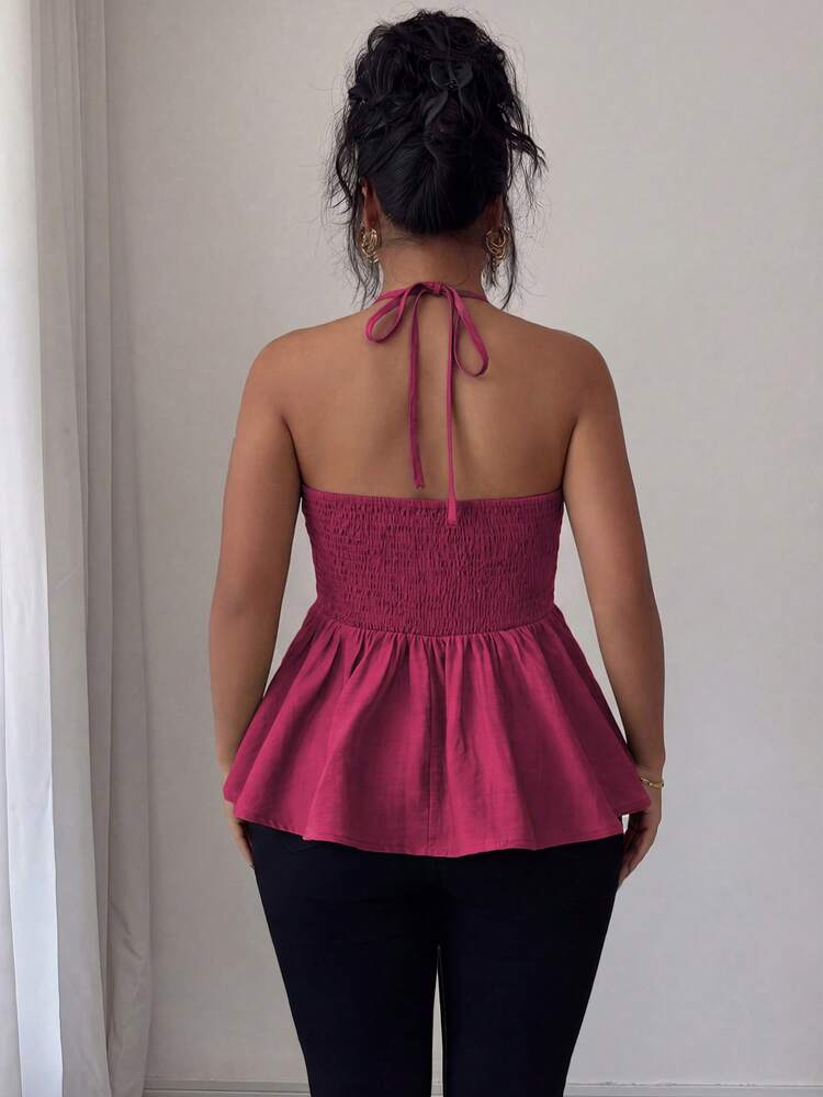 Elenzga Atasan Wanita Ukuran Plus Musim Semi/Panas Hijau, Campuran Linen Bambu Satu Lapis dengan Rayon, Tali Bahu Tipis, Pita di Depan, Dua Lapisan, Lipatan, Bagian Belakang Berbentuk A, Tali Pinggang yang Dapat Diatur, Atasan Tanpa Lengan, Elegan, Gaya Vintage Prancis, Cocok untuk Kantor, Perjalanan, Liburan, Kasual, Pantai, Gaya Barat, Gaya Jalanan, Minimalis, Serbaguna, Mode, Pesta Teh Sore, Koleksi Terbaru - Red Violet - View 2