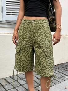 SHEIN ICON Celana Pendek Denim Kasual Wanita Motif Leopard dengan Saku dan Kancing untuk Sehari-hari - MultiWarna - View 4