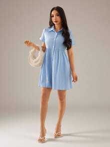 SHEIN PETITE 女款休閒舒適純色單排扣短洋裝，鈕扣開襟襯衫洋裝，度假風/波希米亞風，商務休閒，適合嬌小女性 - 藍色 - 查看 9