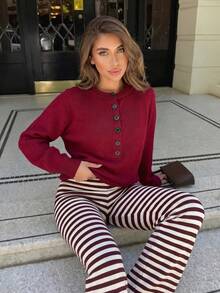 SHEIN Women Sweater With Button Dark Red Brunch Office Autumn Casual French - Burgundy - View 2