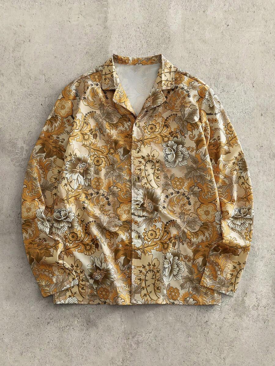 HIMLAND Men's Floral Print Single-Breasted Long Sleeve Casual Vacation Shirt - Multicolor - View 1