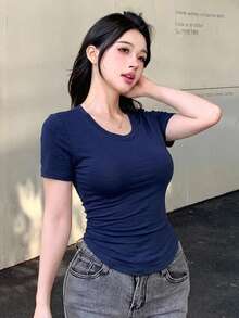 DAZY 女款藍色純色圓領短袖T恤，休閒街頭風，適合音樂節、情人節、婚禮、運動、戶外、夏季 - 藏蓝色 - 查看 5