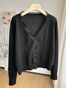 Comfortcana Autumn/Winter Sexy Deep V-Neck Solid Color Button Cardigan Plus Size - Black - View 3