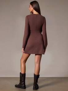 Athîral Women's Casual Maturity Elegant Round Neck Solid Color Long Sleeve Short Dress, Daily Wear, Date Dinner And Party Outfit Coffee Brown Autumn - Mocha Brown - View 2