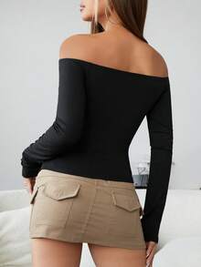 SHEIN ICON Top negro para salir con hombros descubiertos, corte frontal torcido con abertura - Negro - Ver 2