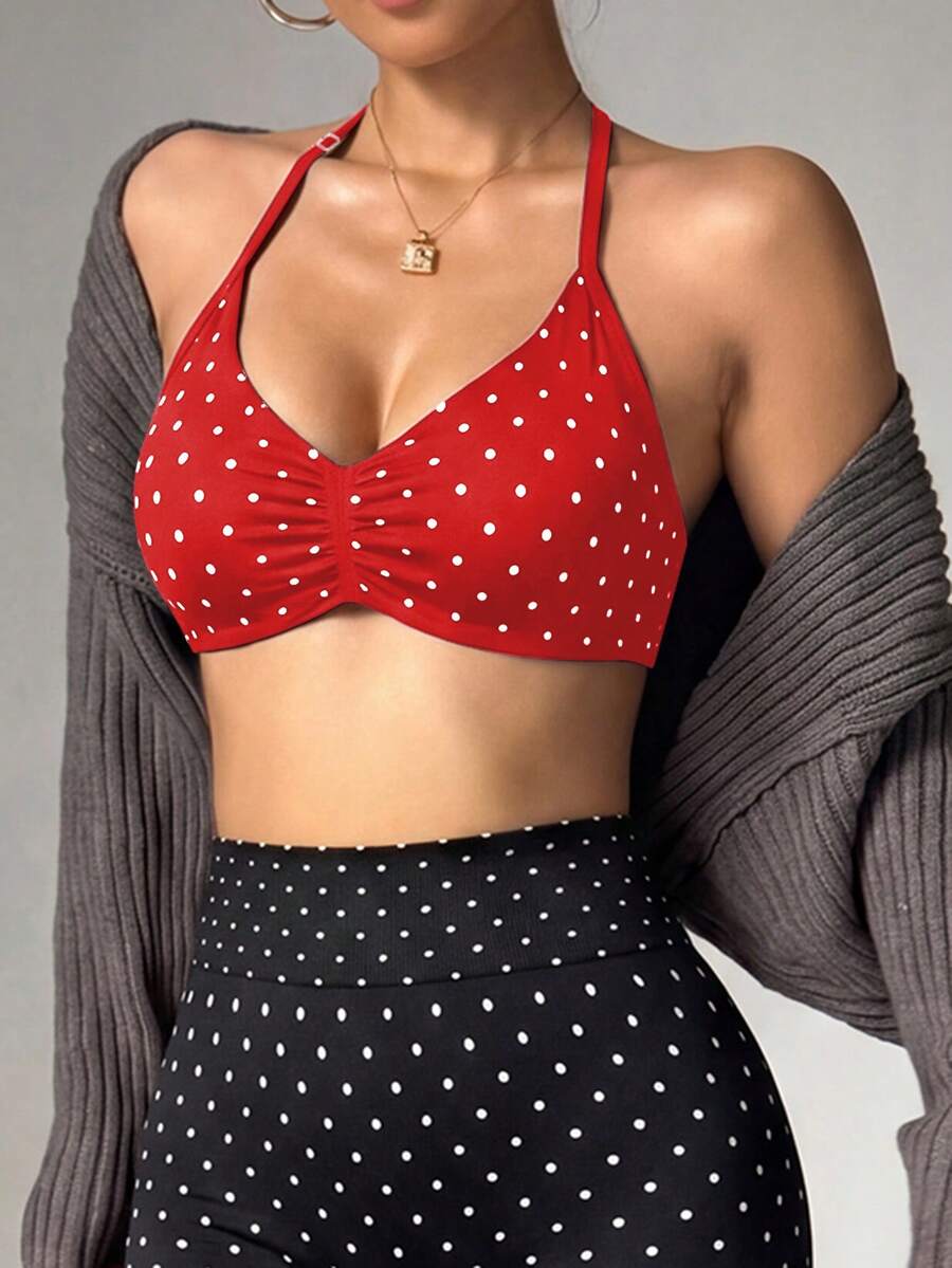 SHEIN Velisys 女款無縫波點印花抓皺掛脖運動內衣 - 紅色 - 查看 1