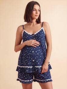 SHEIN Contrast Color Lace Patchwork Ditsy Floral Button Front Camisole & Shorts Maternity Pajama Set - Multicolor - View 1