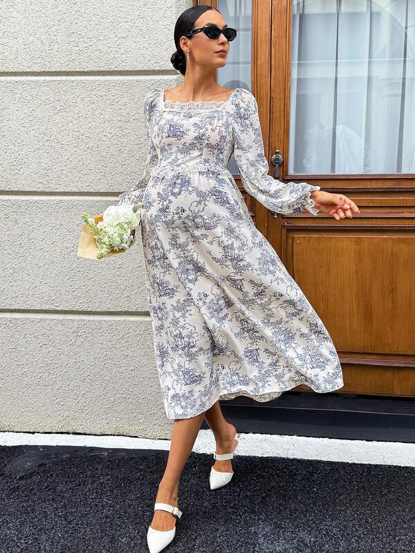 MaterniWear Maternity Floral Print Contrast Lace Square Neck Long Sleeve Elegant Dress