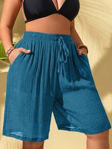 Slaydiva Shorts de cobertura para mujer talla grande de unicolor con cintura con cordón y bolsillos - Azul - Ver 1