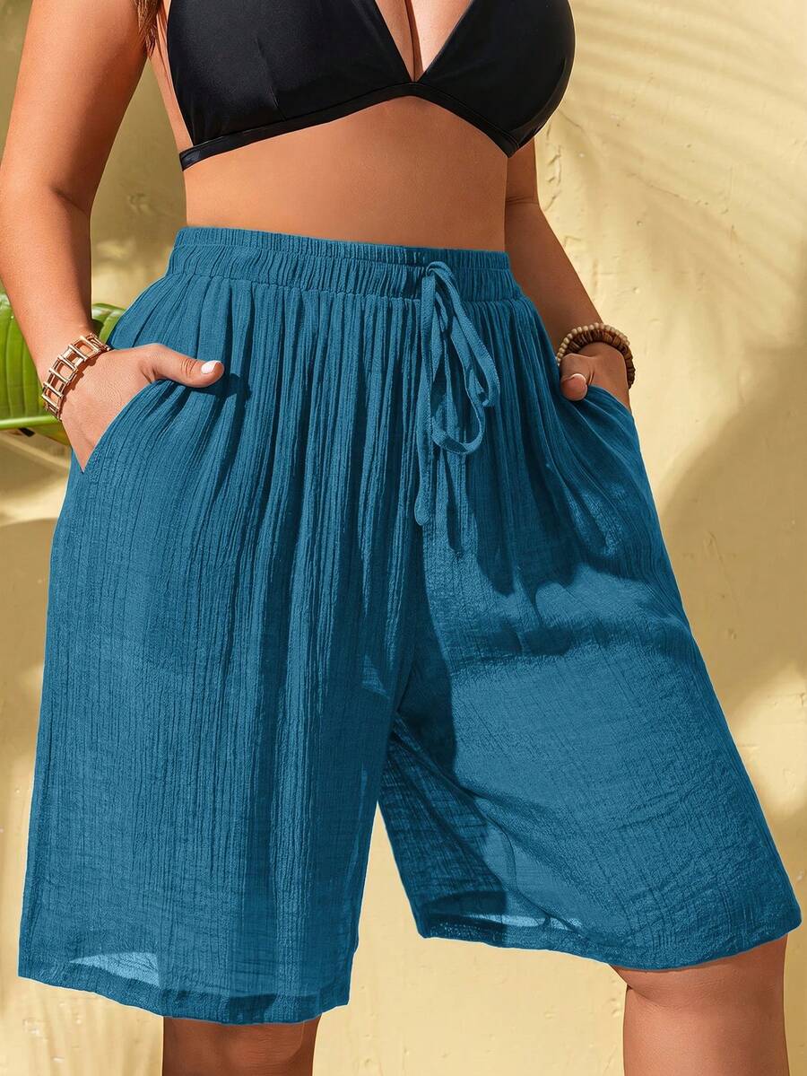Slaydiva Shorts de cobertura para mujer talla grande de unicolor con cintura con cordón y bolsillos - Azul - Ver 1