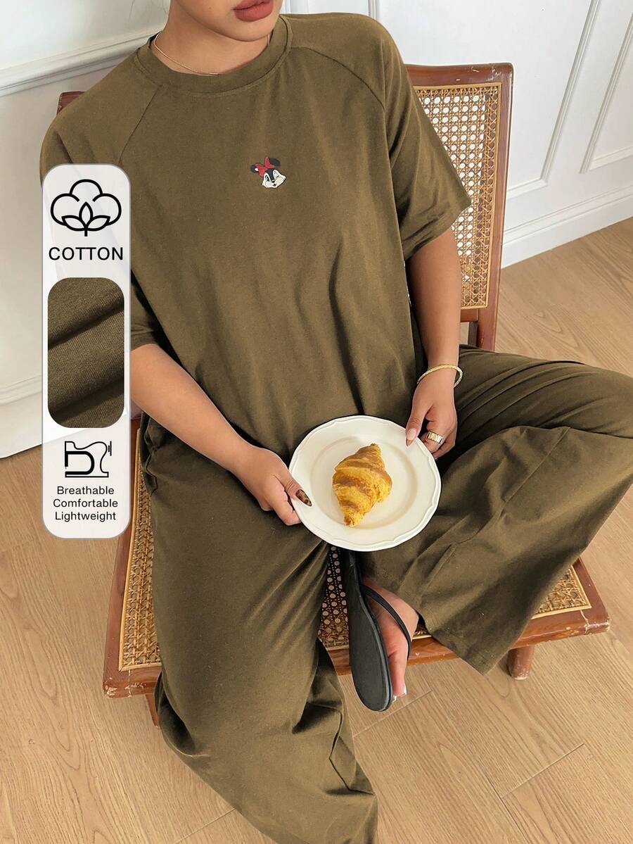Dazy Plus Minimalist Cute Cartoon Print Raglan Sleeve Loose Fit Loungewear Plus Size Women's Pajama Set Spring Summer - Army Green - View 1
