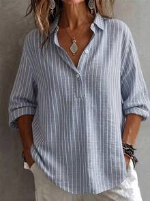 SHEIN Blusa de mujer con diseño de estampado a rayas, cuello de solapa, corte holgado, estilo bohemio casual, para oficina, brunch, viajes, vacaciones, regreso a clases, Día del Maestro, otoño - Azul - Ver 1