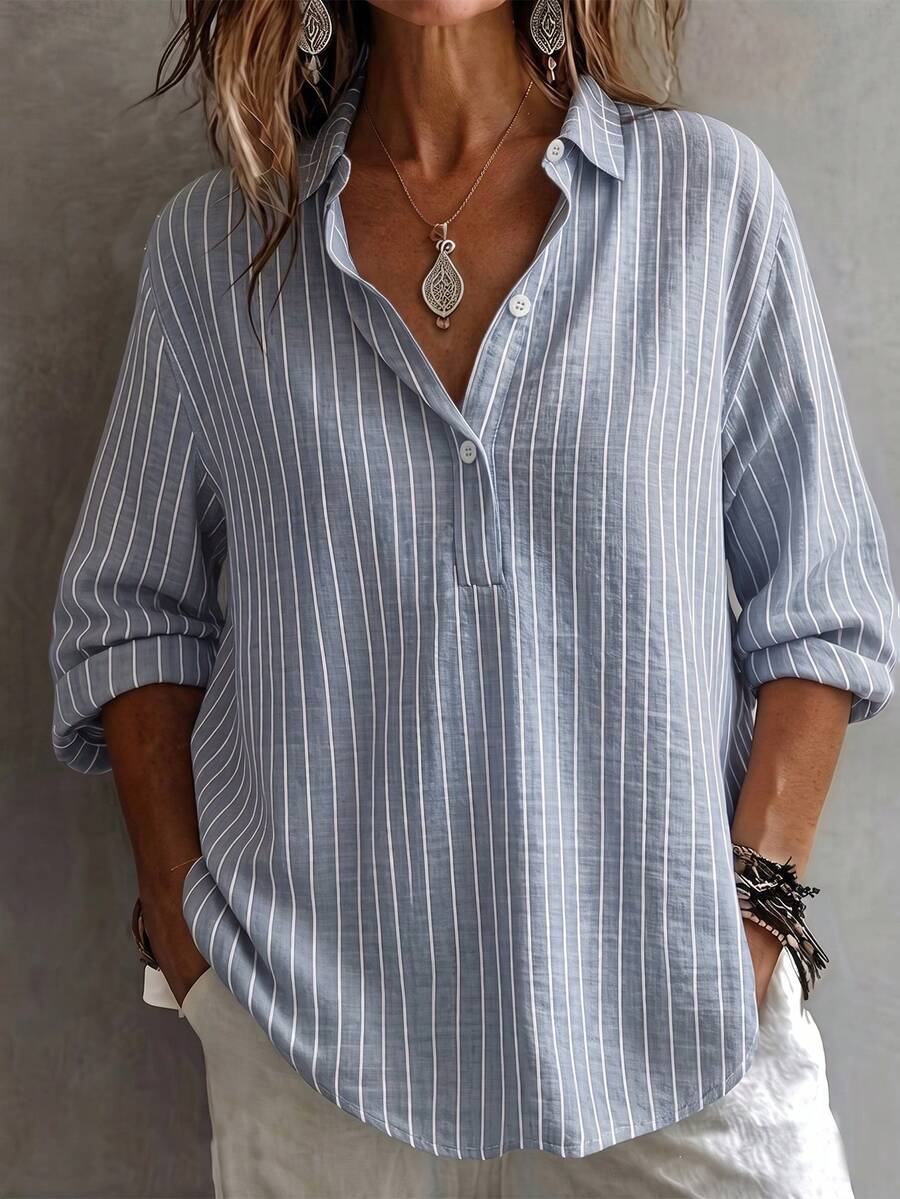 SHEIN Blusa de mujer con diseño de estampado a rayas, cuello de solapa, corte holgado, estilo bohemio casual, para oficina, brunch, viajes, vacaciones, regreso a clases, Día del Maestro, otoño - Azul - Ver 1