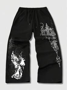 ROMWE MEN Street Life Pantalones de chándal casuales para hombre talla grande con estampado de cruz y cintura con cordón - Negro - Ver 4