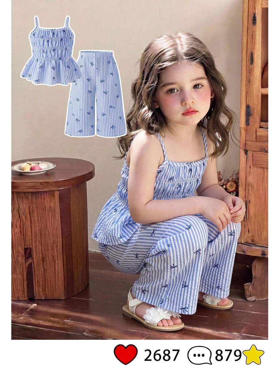 Souflis Souflis 女童可爱条纹蝴蝶结印花吊带背心和阔腿裤套装，夏季