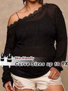 SHEIN CURVE+ Großes lässiges asymmetrisches Schulter-Spitzen-Strick-Top, vielseitiges T-Shirt für Herbst und Winter - Schwarz - Übersicht 9