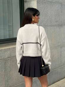 Women Stitch Detailed Front Button Stripe Pattern Cardigan - Apricot - View 2