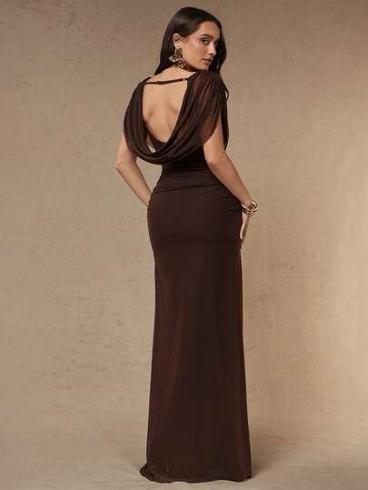 Silquee Nuevo vestido largo elegante de estilo francés, cuello drapeado, vestido ajustado de alta gama, vestido de fiesta de noche con drapeado, adecuado para citas, fiestas, celebraciones festivas