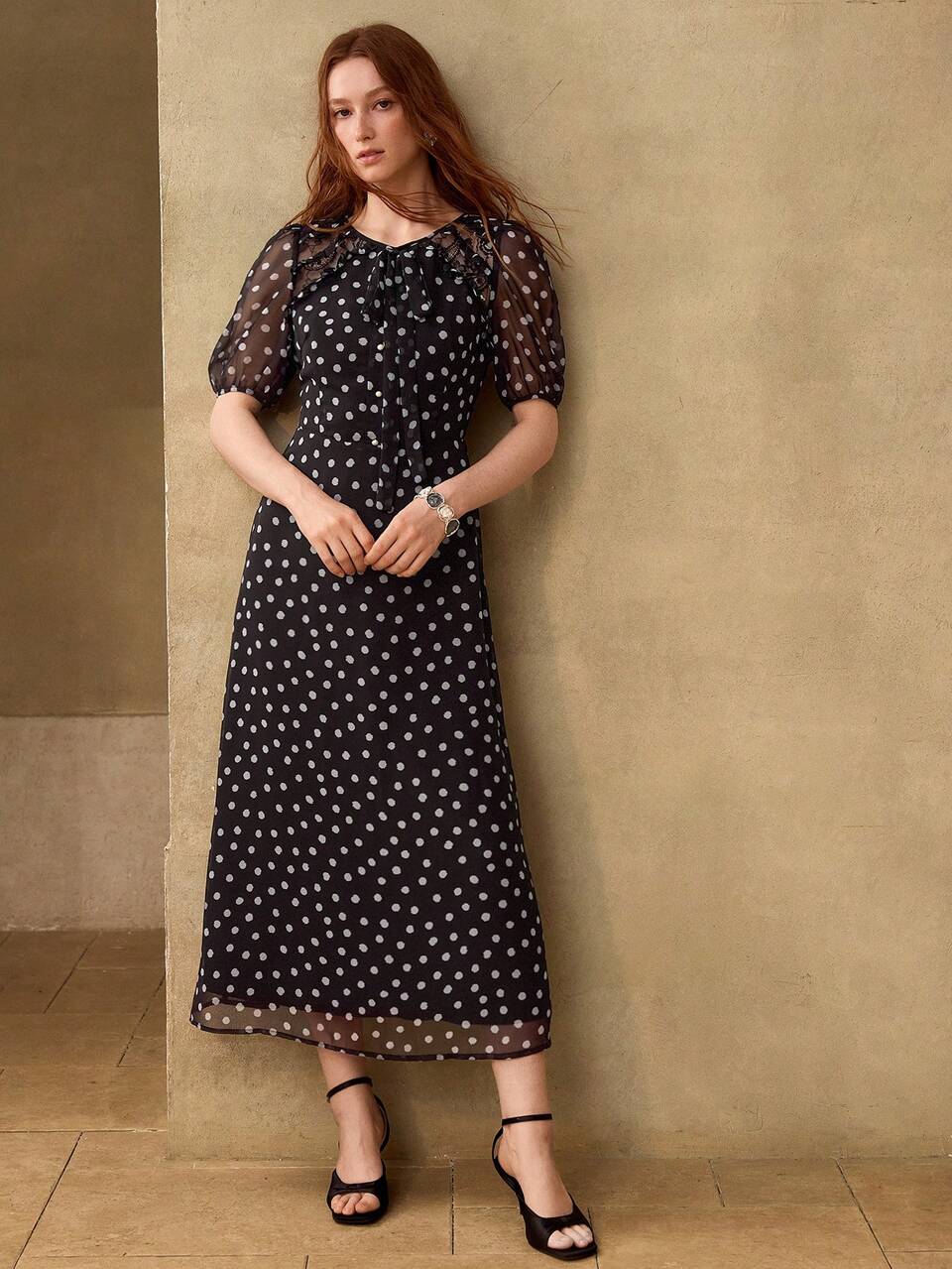 MOTF WOMEN'S POLKA DOT ELEGANT LACE PATCHWORK RUFFLE BOW TIE NECK WAIST-CINCHING DRESS