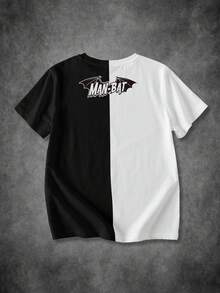 BATMAN X SHEIN Camiseta de manga corta para niño preadolescente con cuello redondo, estampado de dibujos animados, bloques de color, casual y versátil para uso diario y salidas - Blanco - Ver 2