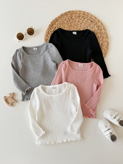 SHEIN 4pcs Baby Girl Casual Cute Knit Solid Color Long Sleeve Tops