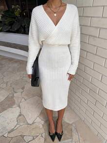 Chiquease Surplice Neck Batwing Sleeve Sweater Dress - White - View 3