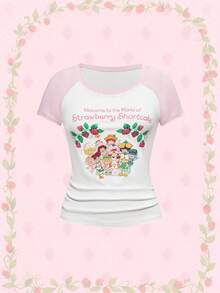 Strawberry Shortcake | ROMWE Camiseta de mujer de manga corta con cuello redondo, bloques de color, letras y diseño de dibujos animados - Blanco - Ver 1