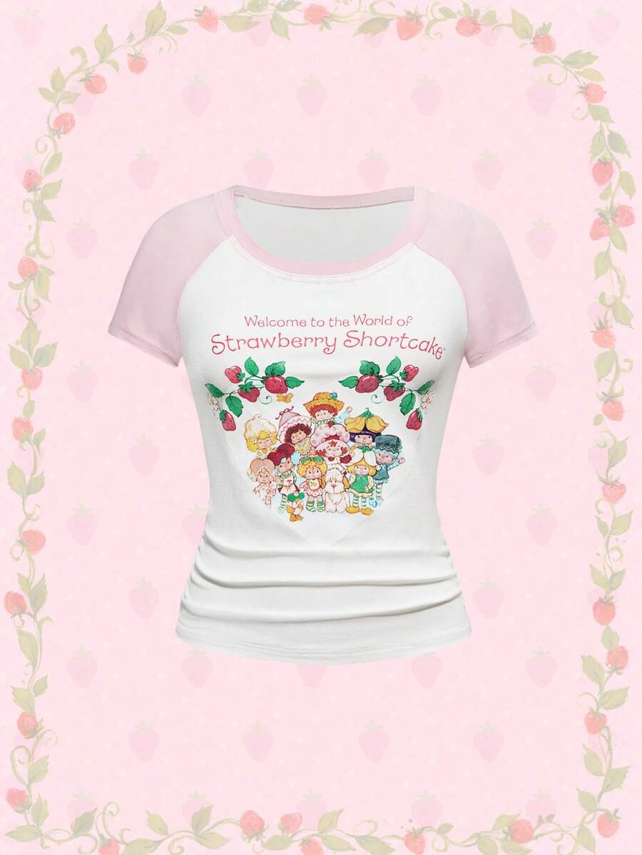 Strawberry Shortcake | ROMWE Camiseta de mujer de manga corta con cuello redondo, bloques de color, letras y diseño de dibujos animados - Blanco - Ver 1