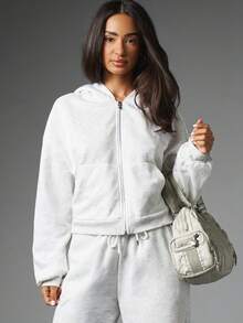 Missguided x Playboy Full-Zip Crop Hoodie With Embroidered Script Logo Front And Back Oversized Fit Long Sleeve Side Pockets - Light Grey - View 5