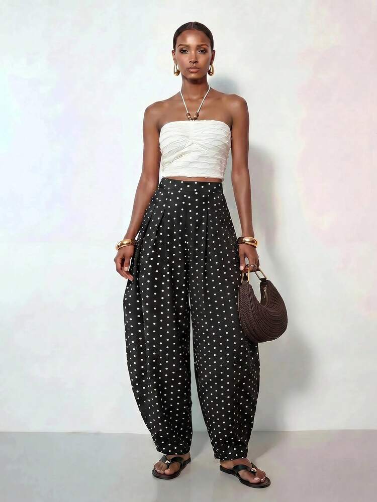 Zivah New Summer Casual Commuting Vacation Black Polka Dot Loose-Fitting Carrot Lantern Slim-Fit Women Pant, Suitable For Everyday Wear, Vacations, Travel, Beaches, Party, Airport, Brunch, Boho , Nomadic, Casual , Shopping, Commuting, Graduation , Country Concert , Back-To-School - Black - View 7