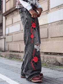 GALLERY FADE 男士哥德風紅玫瑰刺繡磨損寬腿牛仔褲，Y2K龐克復古丹寧長褲 - 淺灰色 - 查看 3