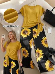 SHEIN Clasi Plus Size Women Casual Romantic Sunflower Print Pants Set, Yellow & Black 2pcs Suit, Vacation Outfit, Summer - Multicolor - View 7