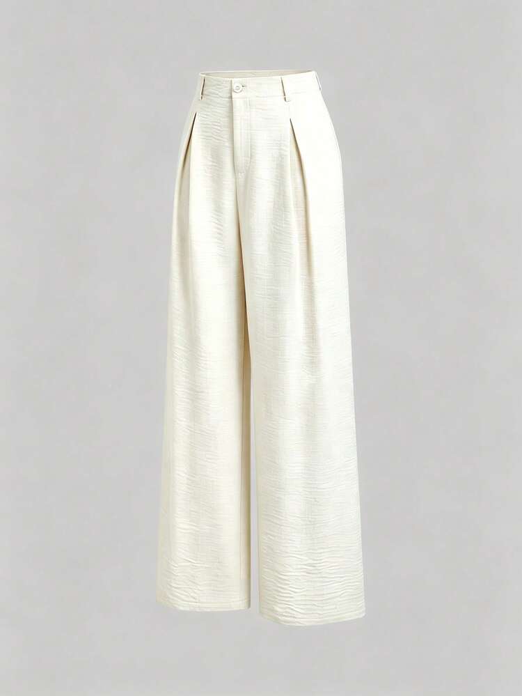 Sweetra Women's New Fashion Versatile Retro Elegant Color Woven Faux Linen Pleated Wide Leg Long Pants - White - View 3