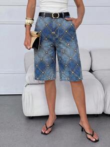 Lavishia Denim Effect Print Pocket Mid-Length Pants, Suitable For Daily Wear - Multicolor - View 4