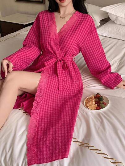 DAZY فستان نوم نسائي طويل فضفاض بتصميم دانتيل مرقع ومربعات للصيف والخريف