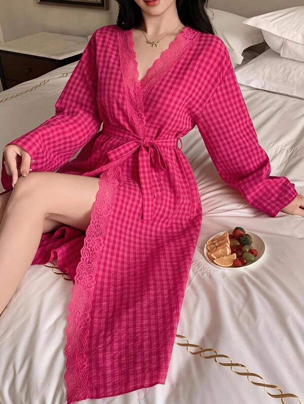 DAZY Summer Autumn Loose Lace Patchwork Plaid Long Women's Nightgown