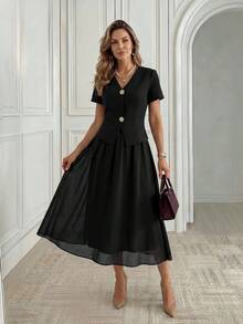 Miaspire Atasan Lengan Pendek Leher V dengan Rok Panjang Modis Berbahan Chiffon - Hitam - View 4