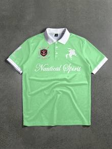 STYNVO Men's Letter Print Short Sleeve Casual Polo Shirt - Mint Green - View 1