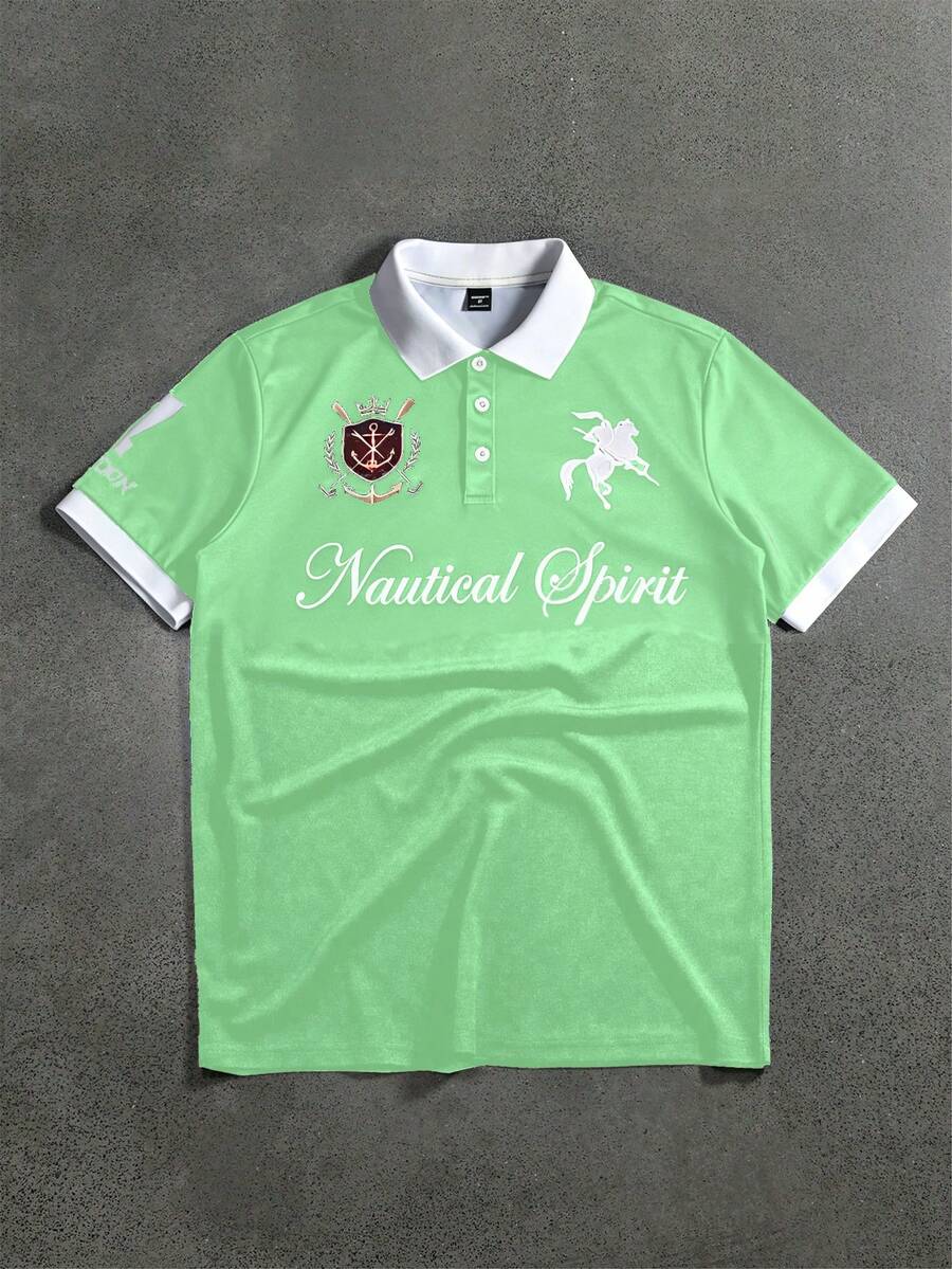 STYNVO Men's Letter Print Short Sleeve Casual Polo Shirt - Mint Green - View 1
