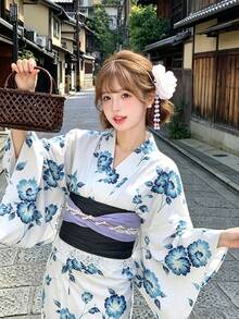 Irokai 日式傳統和服白色底藍綠花卉圖案女款改良兩件式浴衣套裝 - 彩色 - 查看 1