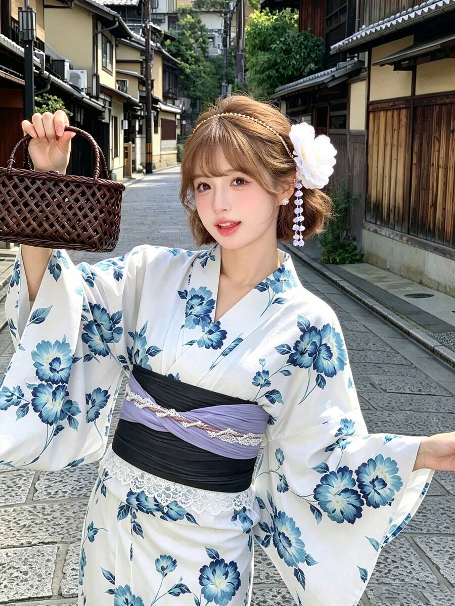 Irokai 日式傳統和服白色底藍綠花卉圖案女款改良兩件式浴衣套裝 - 彩色 - 查看 1