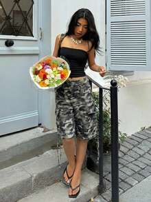 SHEIN ICON Women's Fashion Street Camouflage Print Button Cargo Denim Shorts - Multicolor - View 5