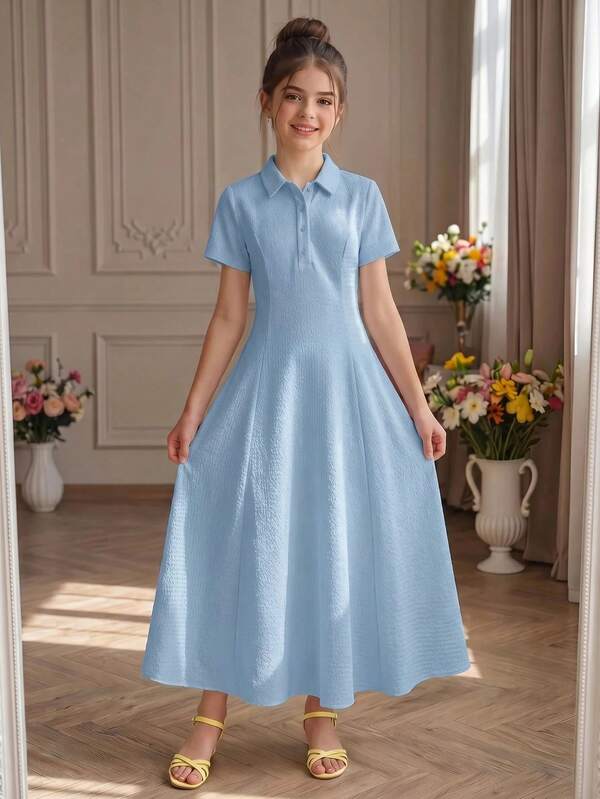 SHEIN Pitira Tween Girl Vintage Elegant Polo Collar Knit Textured Long Dress, Preppy, Retro, Casual, Comfortable, Party, Back To School Light Blue Summer