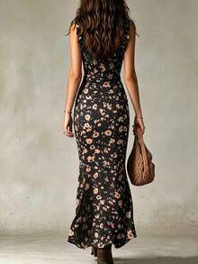 Glimmora Women's Fashion Frill Trim Spaghetti Strap Full Print Dress - Black - View 2