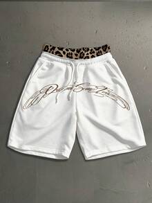 Manfinity Roghcode Men's Leopard Print Drawstring Double Layer Waist Letter Print Shorts - White - View 1
