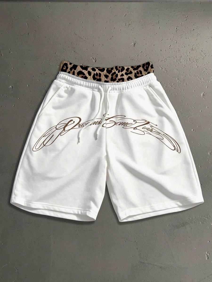 Manfinity Roghcode Men's Leopard Print Drawstring Double Layer Waist Letter Print Shorts - White - View 1