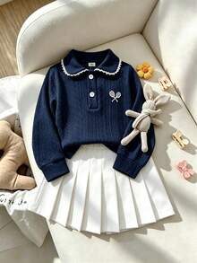 Souflis Souflis Baby Girl Preppy Cute Cow Girl Casual Old Money 2 Pieces Set, Small Cable Knit Collared Polo Cardigan + Pleated Skirt, 6M-3T Navy Blue White - Multicolor - View 2
