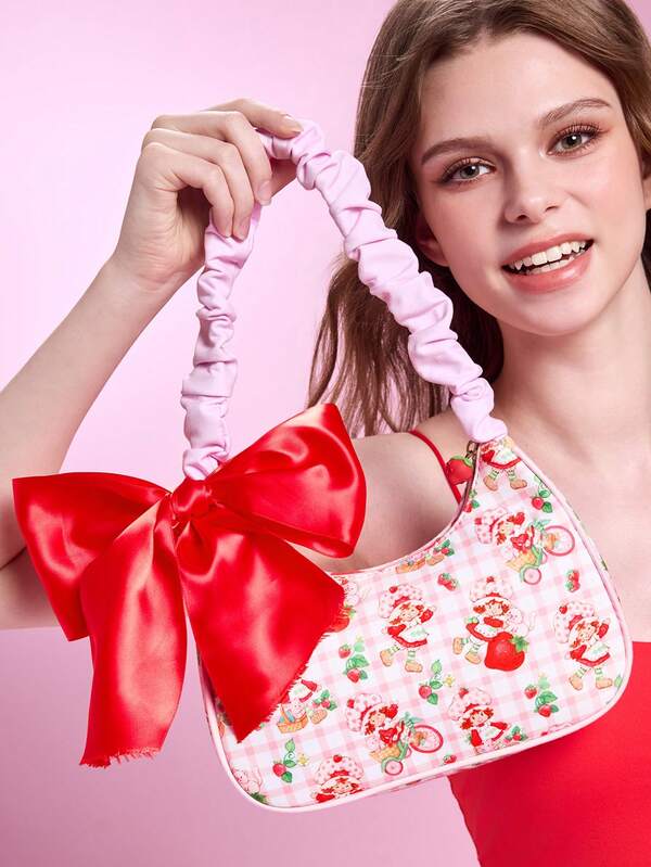 Strawberry Shortcake X SHEIN Bolsa de Axila com Estampa de Menina de Morango, Alça Franzida & Decoração de Laço, Bolsa de Ombro Xadrez Fofa para Uso Diário